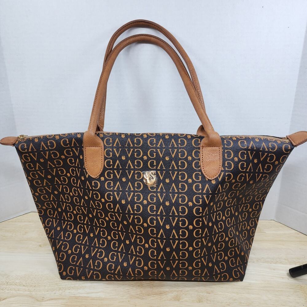 GV Monogram Print Zip Top Tote Handbag Brown Black Faux Leather Shoulder Bag